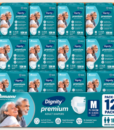 DIGNITY Premium Tape Style Adult Diapers by Romsons in retail packaging