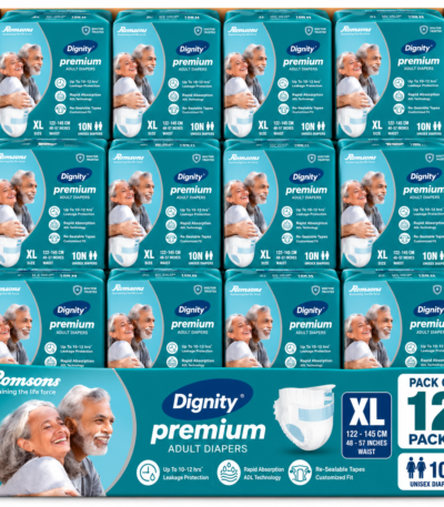 DIGNITY Premium Tape Style Adult Diapers by Romsons in retail packaging