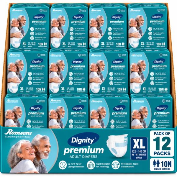 DIGNITY Premium Tape Style Adult Diapers by Romsons in retail packaging